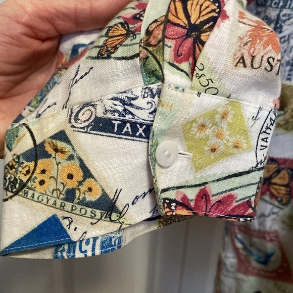 Vintage Chico’s Linen Button Down Blouse Womens S Bird Stamp Novelty Print shirt - Picture 4 of 10